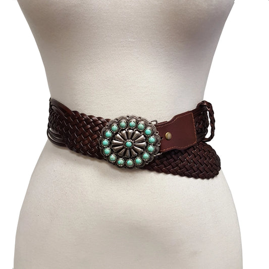 AXW Brown Hand Braided Leather Belt Turquoise buckle