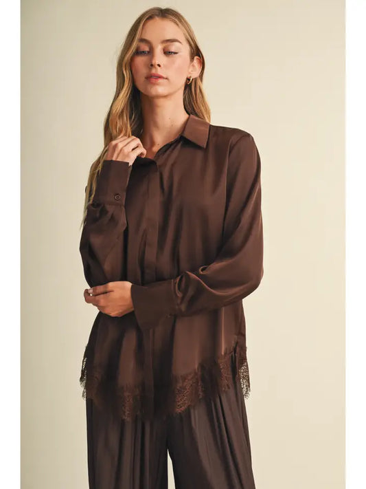 Mustard Seed Brown Scalloped Lace Hem Blouse