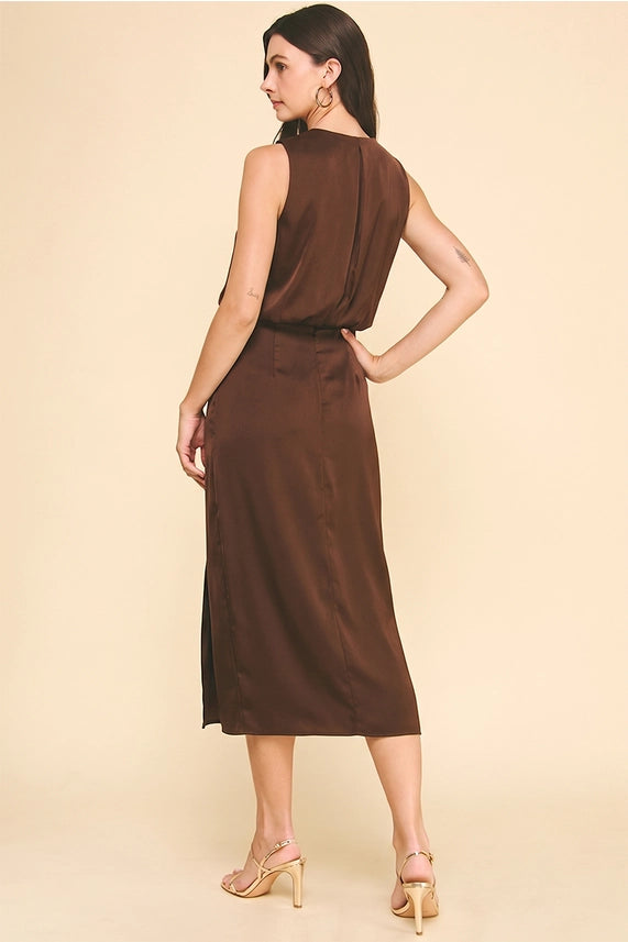 Pinch Brown Silky Side Slit Dress