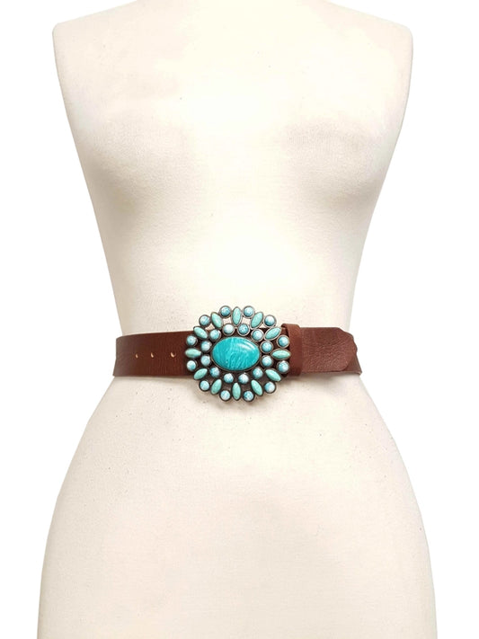 AXW Brown Leather Belt Turquoise Buckle