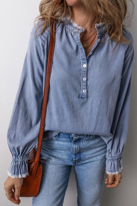 LDC Raw Hem Split Neck Denim Top