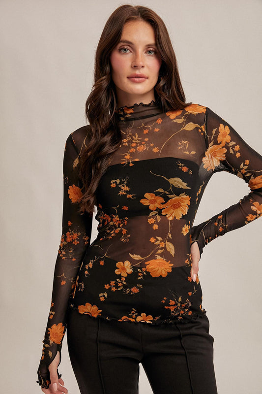 Hem&Thread Floral Mesh Print Top Black