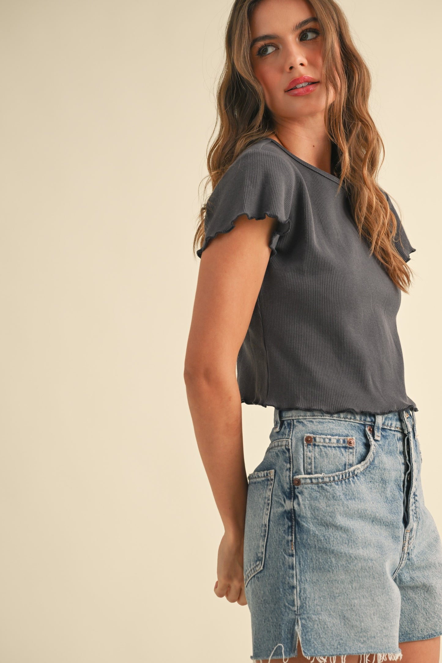 Miou Muse Charcoal Ribbed Top
