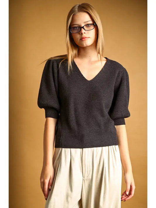 Miou Muse Charcoal Puff Sleeve Knit Top