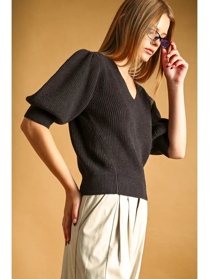 Miou Muse Charcoal Puff Sleeve Knit Top