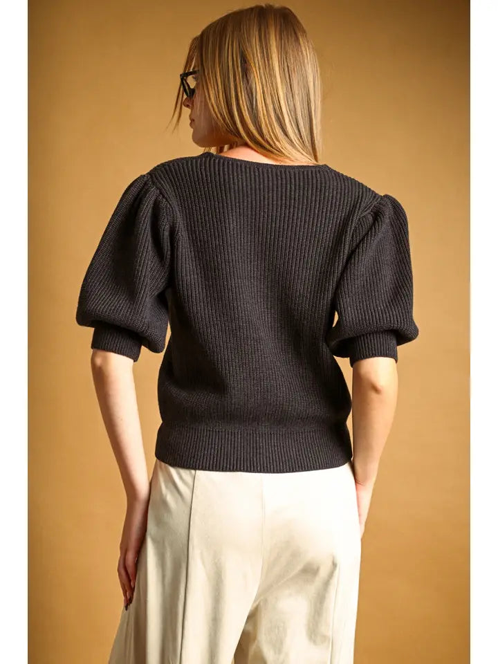 Miou Muse Charcoal Puff Sleeve Knit Top