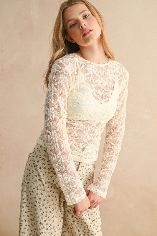 Miou Muse Cream Floral Textured Top