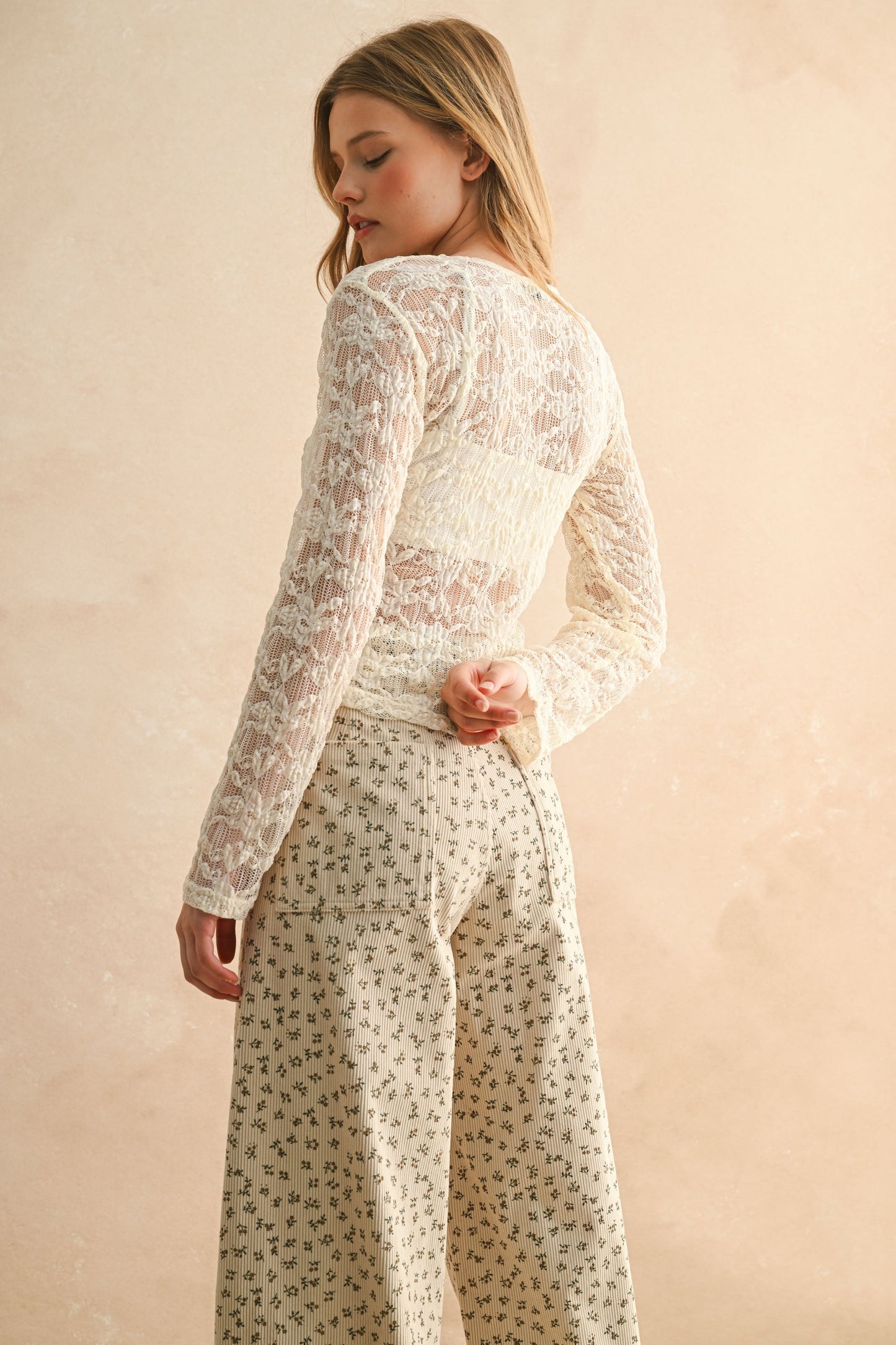 Miou Muse Cream Floral Textured Top