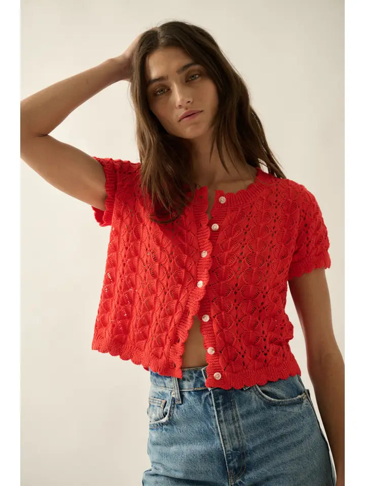 PM Red Orange Crochet Knit Sweater