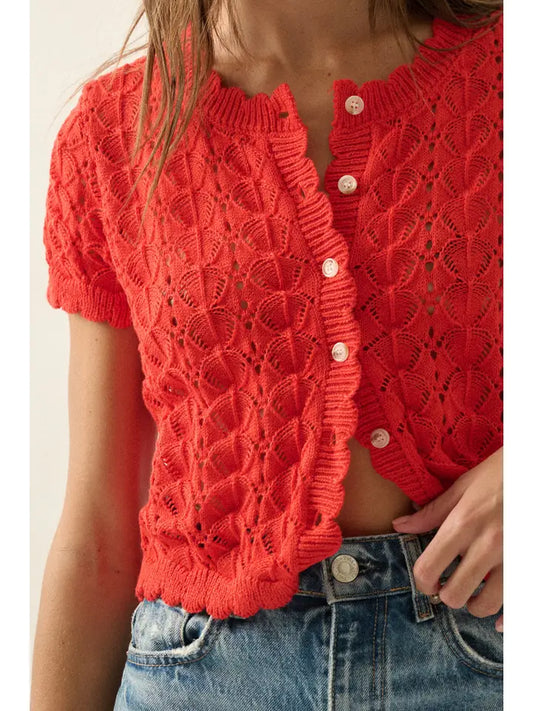 PM Red Orange Crochet Knit Sweater