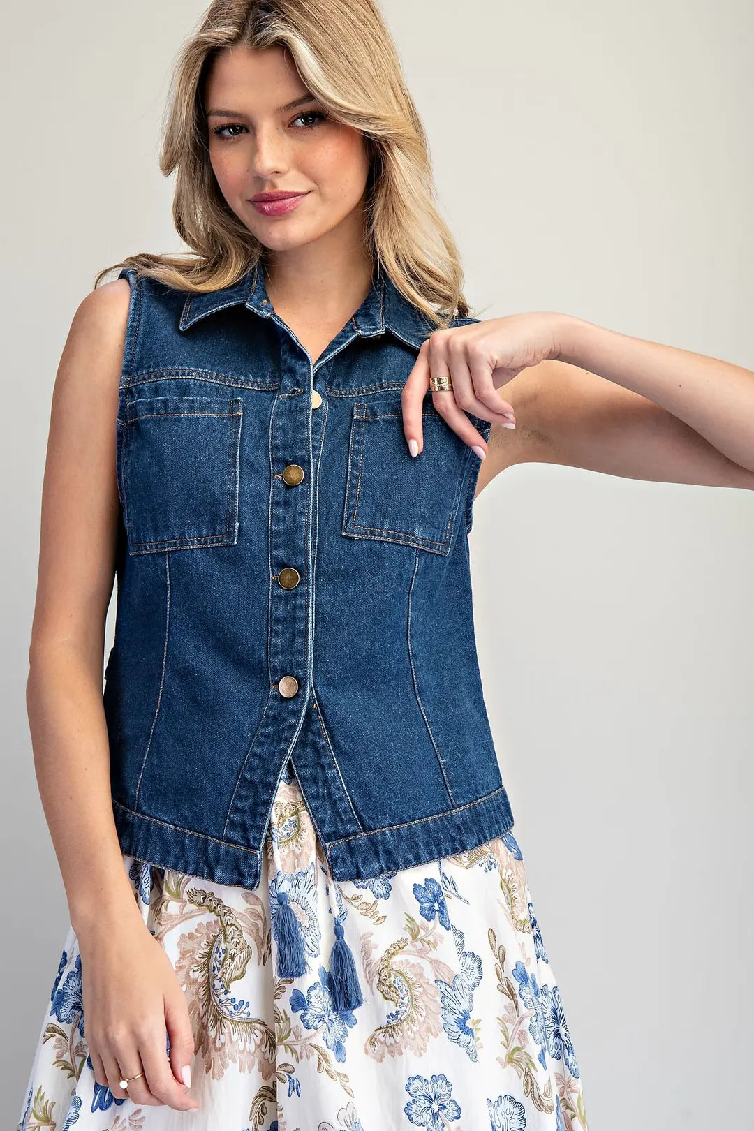 Eesome Dark Denim Button Down Vest