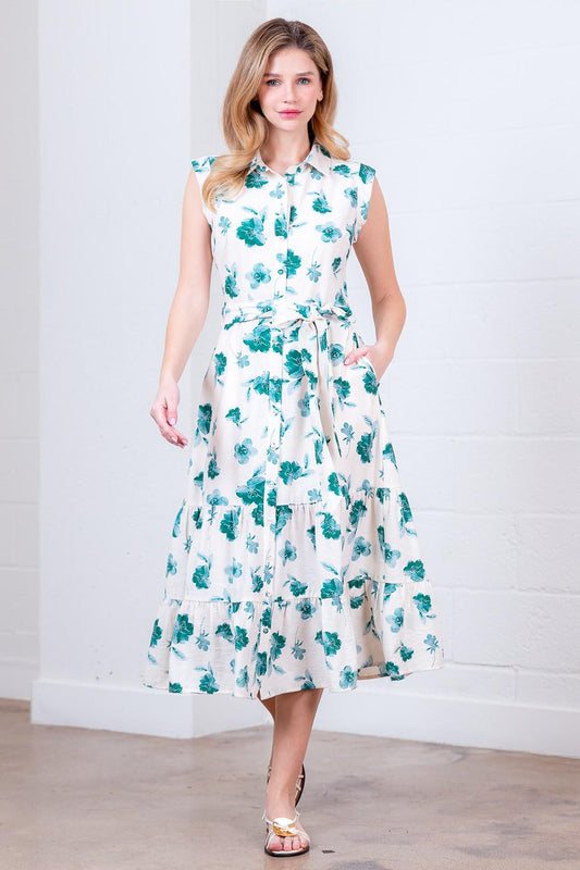 Taelynn Ivory/Turq Floral Print Dress