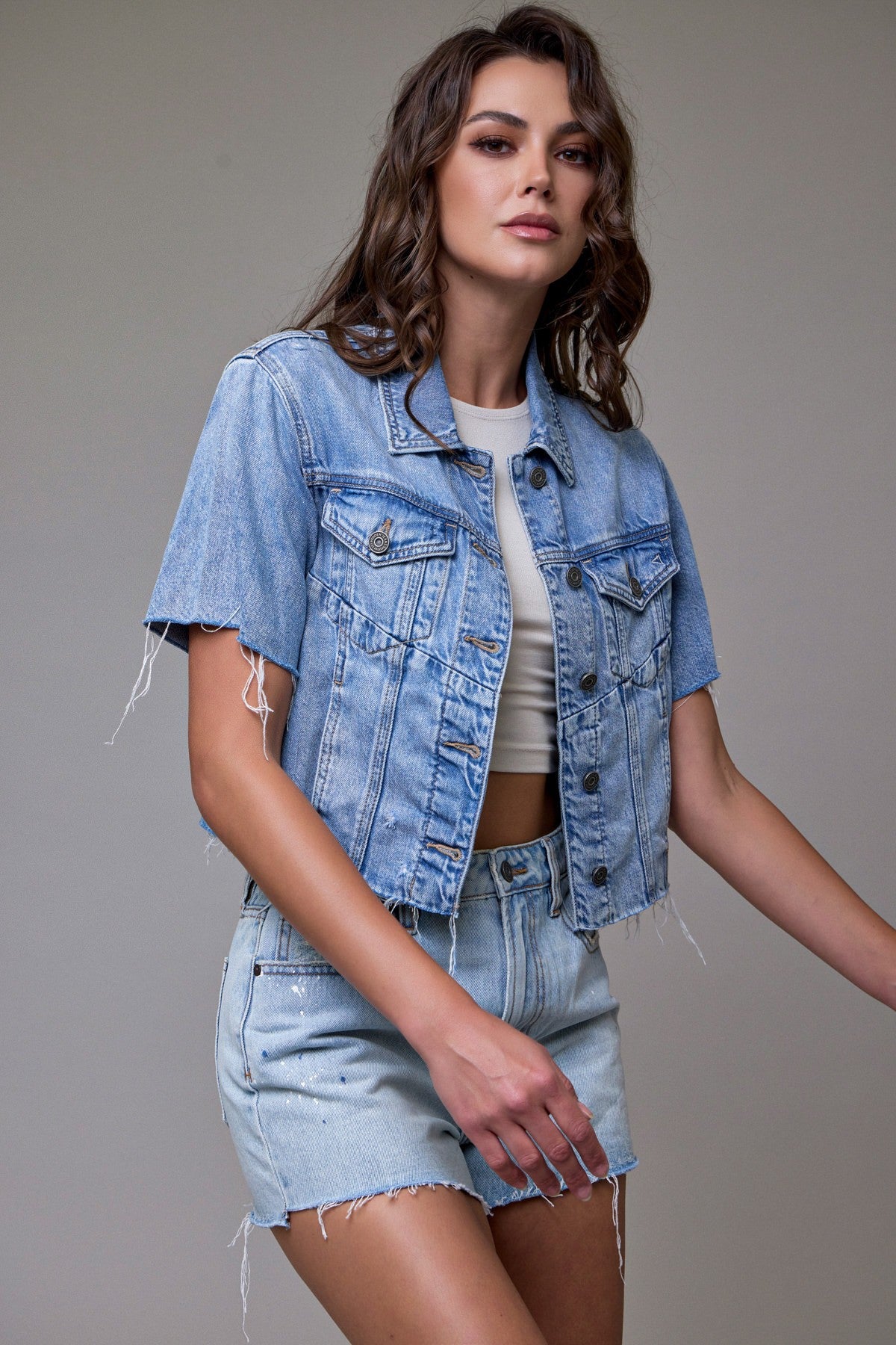 Hidden Short Sleeve Cropped Denim Jacket