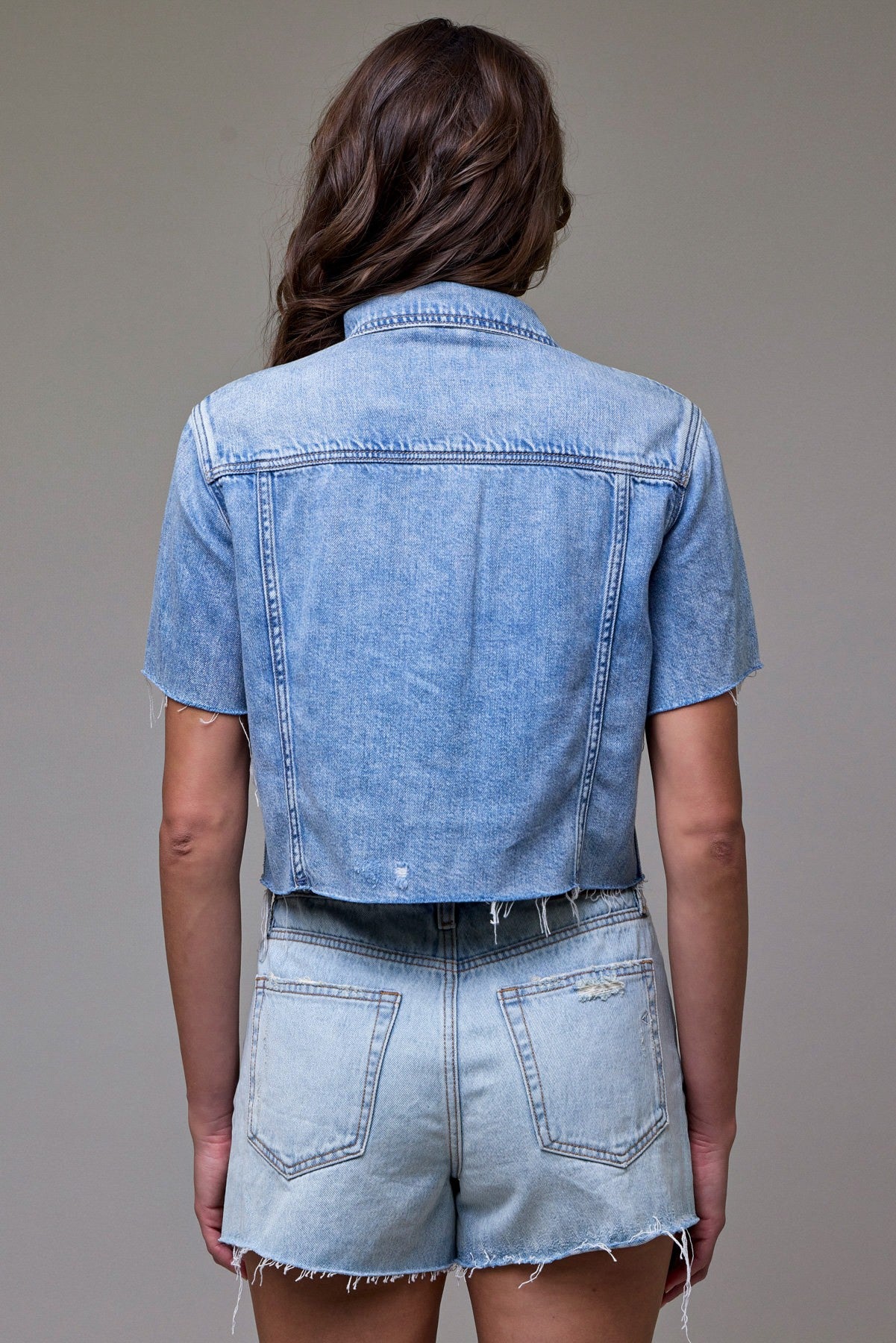 Hidden Short Sleeve Cropped Denim Jacket