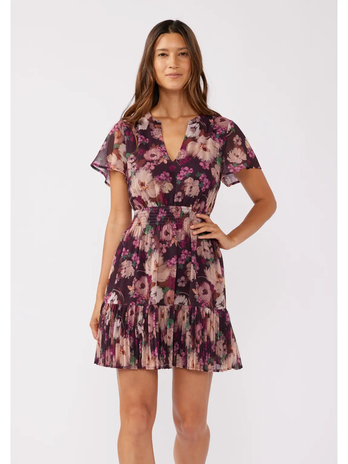 Lovestitch Flutter Floral Mini Dress Plum