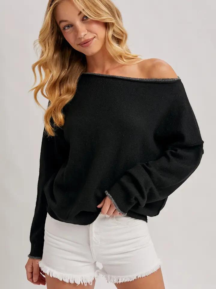 Bluivy Black Neck Roll Trim Sweater