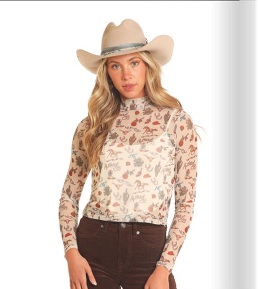 Rock&Roll Western Print Mesh Print Top