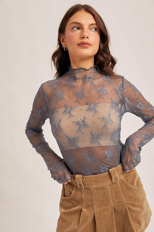 Hem&Thread Blue Lace Mock Neck