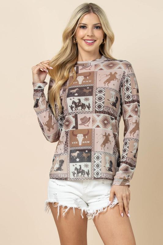 Avery Amy Western Print Mesh Top