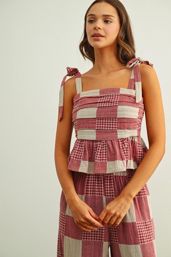 Miou Muse Red Gingham Stripe Top