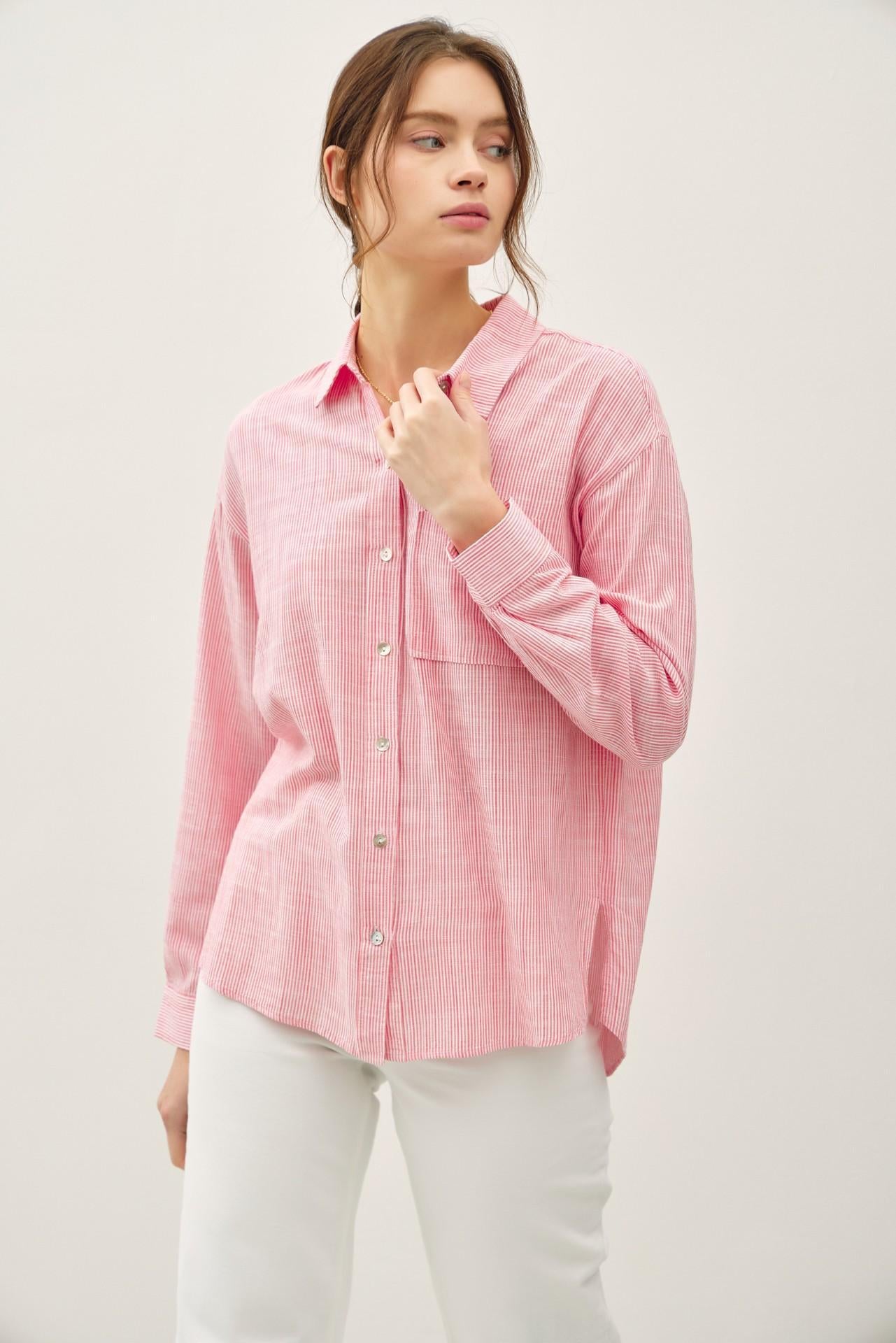 Be Cool Coral Pinstripe Cotton Button Up