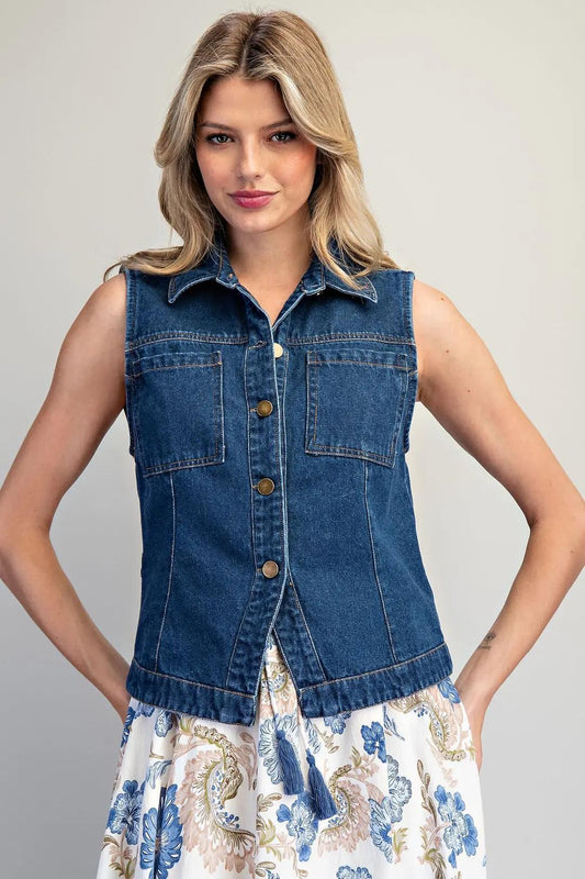 Eesome Dark Denim Button Down Vest