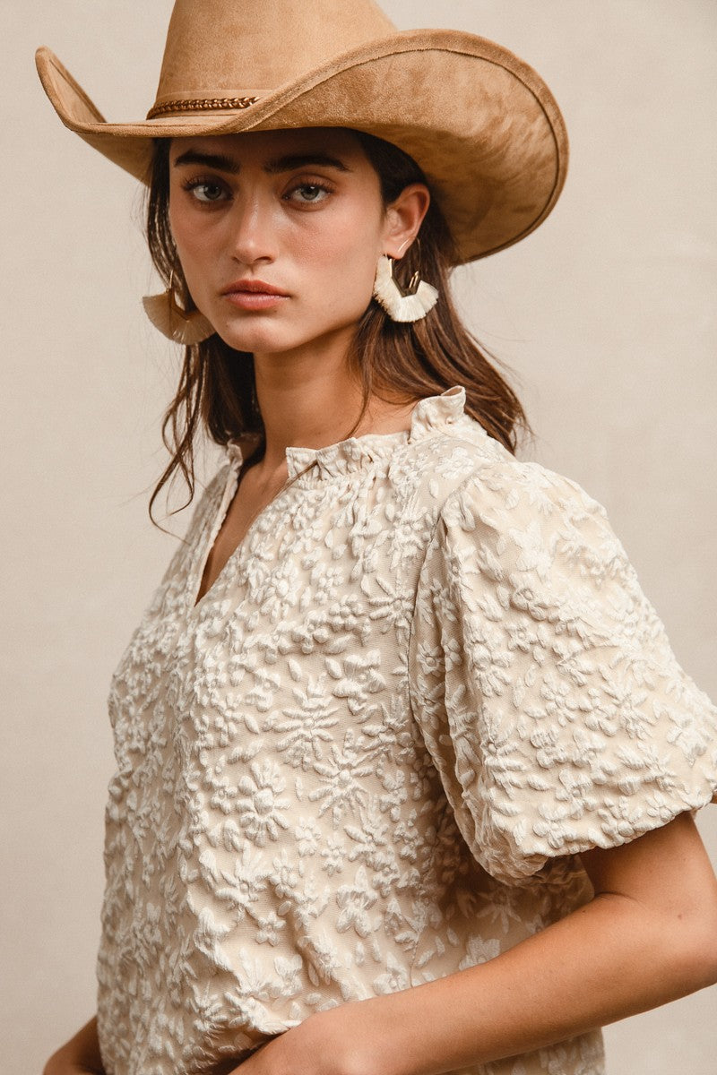 BiBi Oatmeal Floral Textured Top