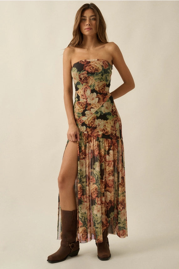 PRM Strapless Floral Mesh Dress