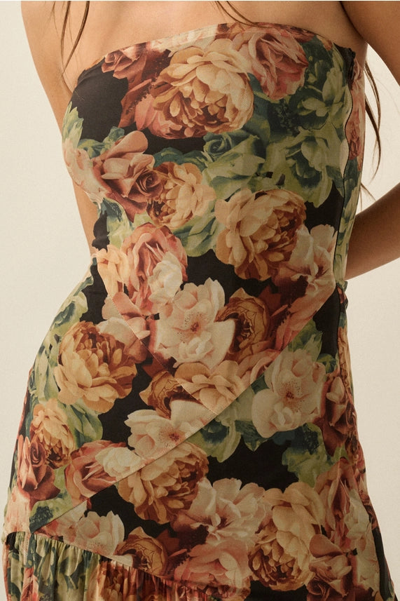 PRM Strapless Floral Mesh Dress