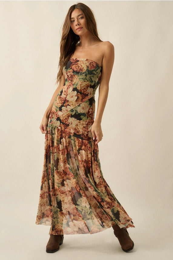 PRM Strapless Floral Mesh Dress