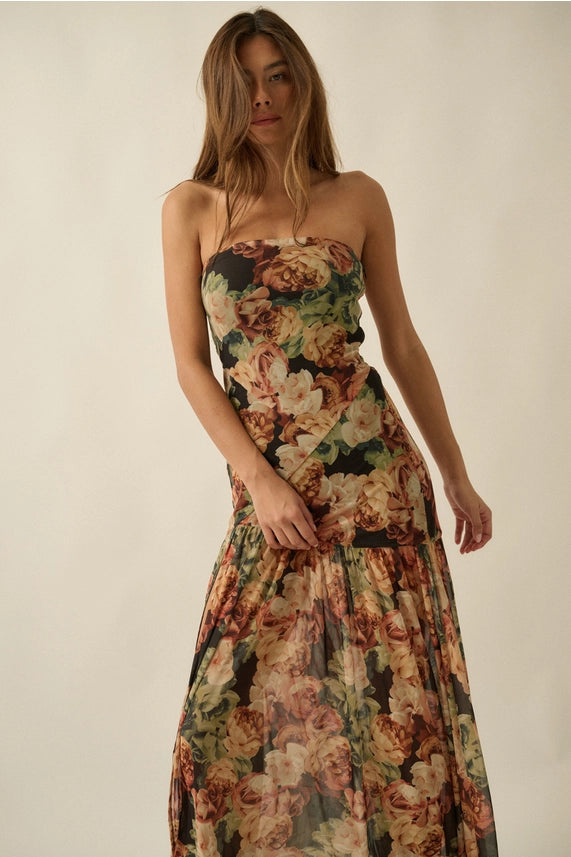 PRM Strapless Floral Mesh Dress