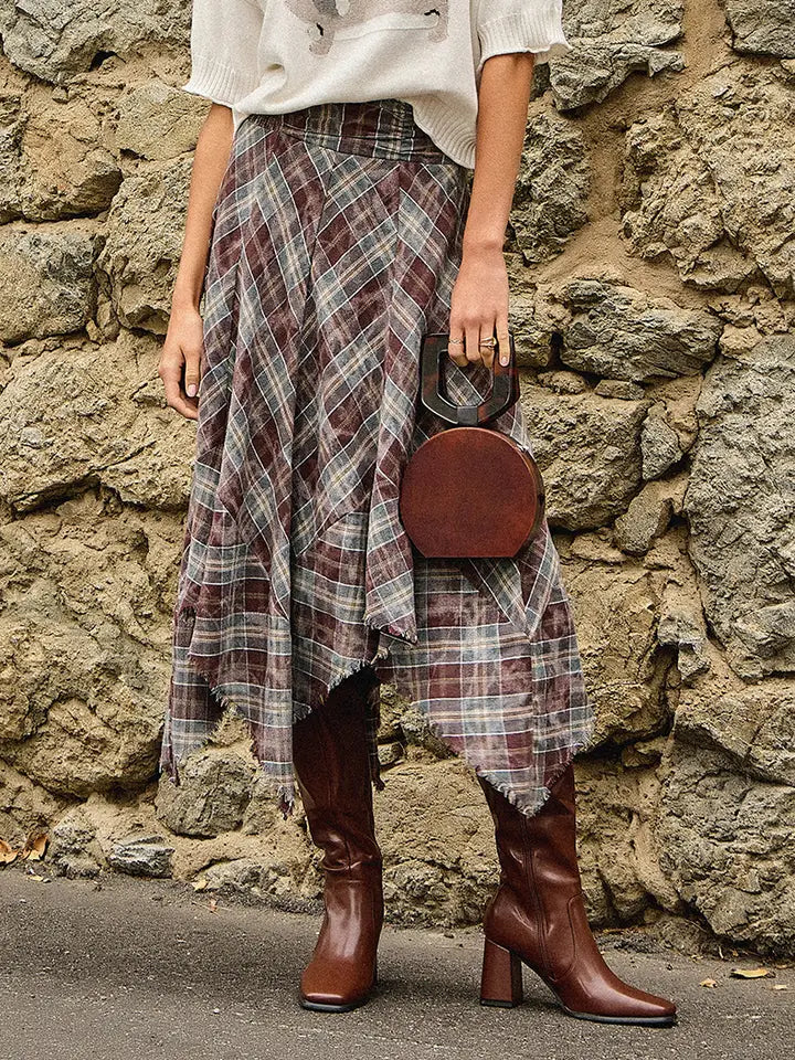Mystree Frayed Plaid Hem Skirt