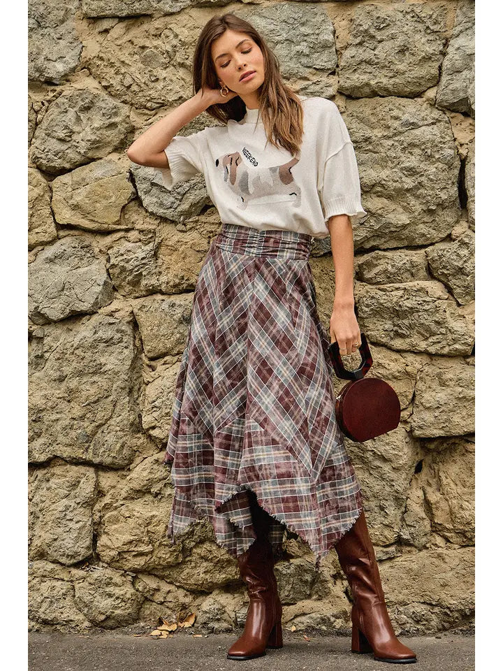 Mystree Frayed Plaid Hem Skirt