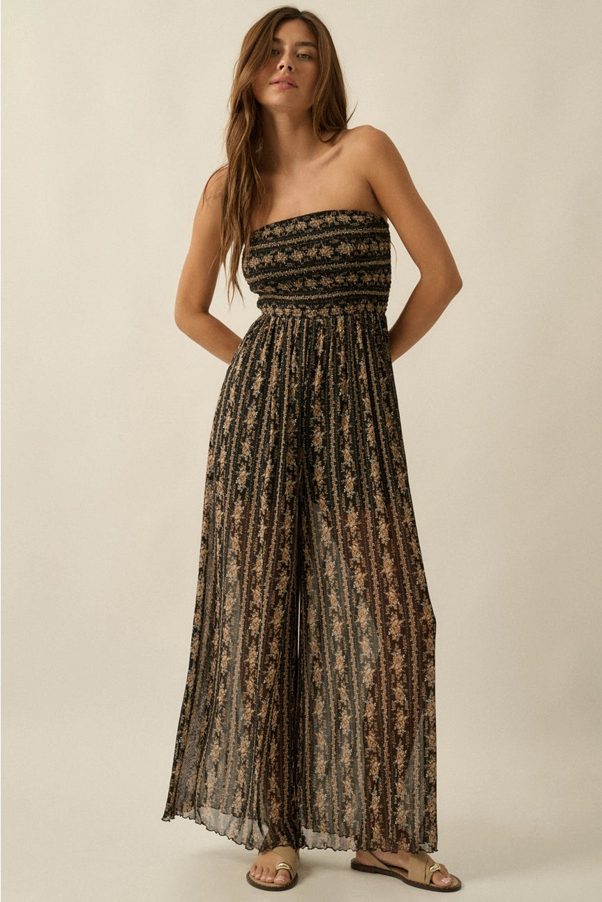 Dark Floral-Print Strapless Jumpsuit