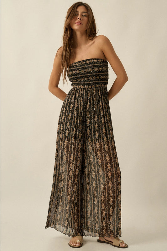 Dark Floral-Print Strapless Jumpsuit
