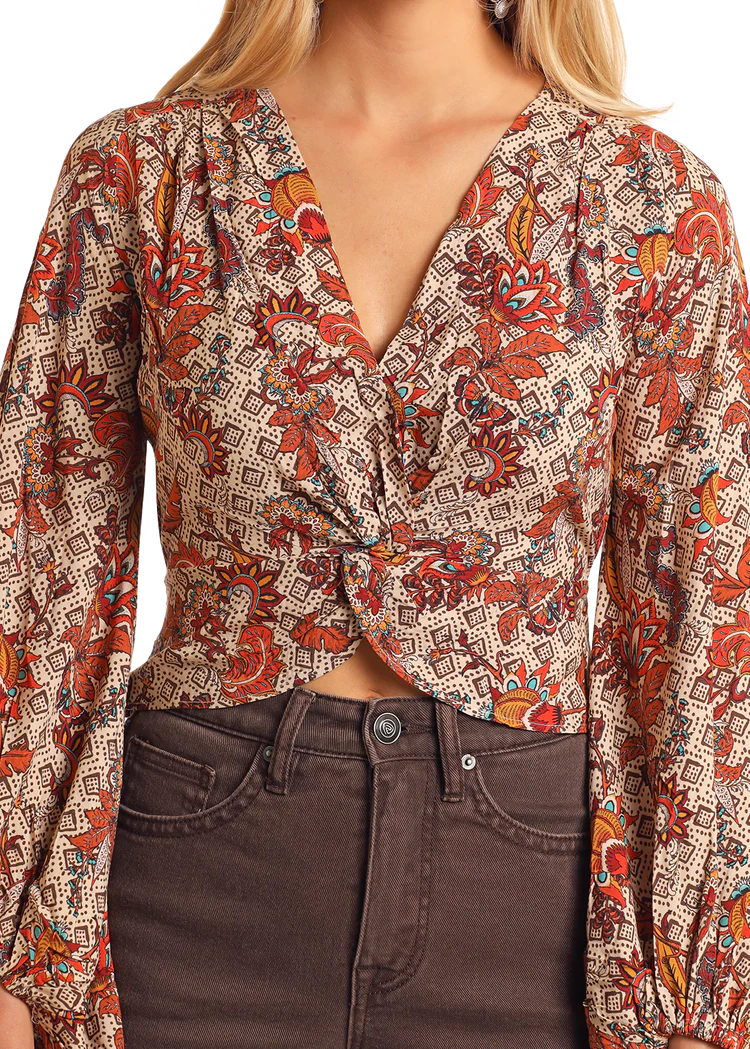 Rock&Roll Denim Knotted Floral Blouse