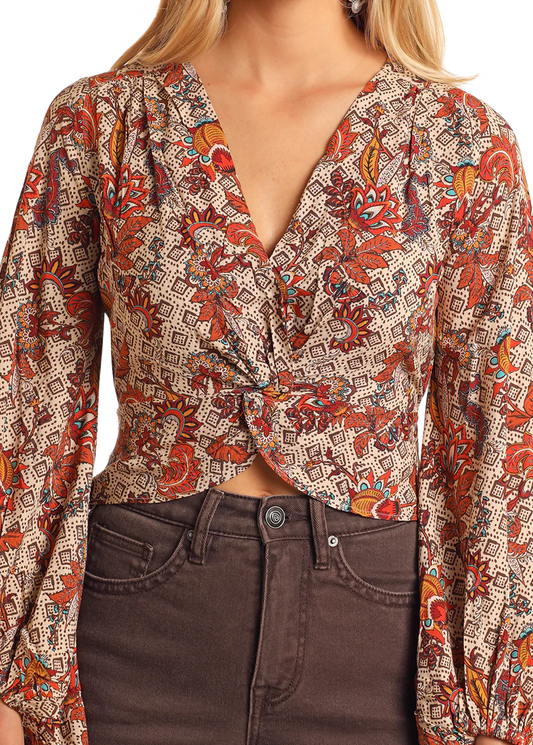 Rock&Roll Denim Knotted Floral Blouse