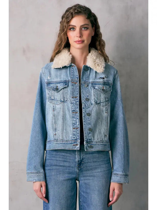 Hidden Basic Jean Jacket with Fur Collar