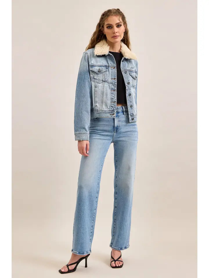 Hidden Basic Jean Jacket with Fur Collar