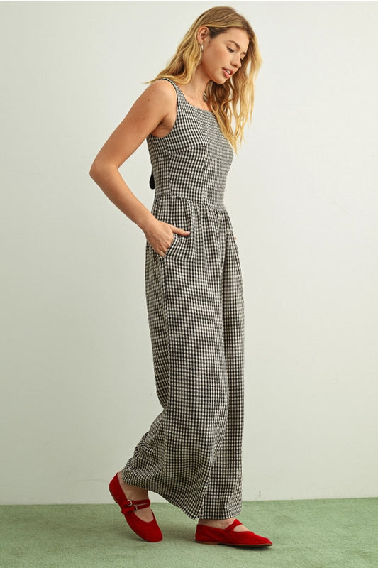 Miou Muse Black Gingham Printed Tie Jumpsuit