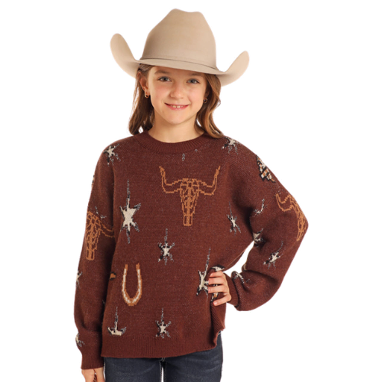 Rock&Roll Girls Brown Western Sweater