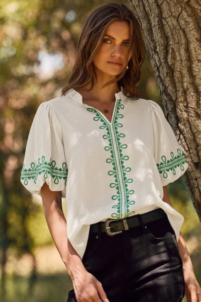 Oddi White/Green Embroidered Shirt
