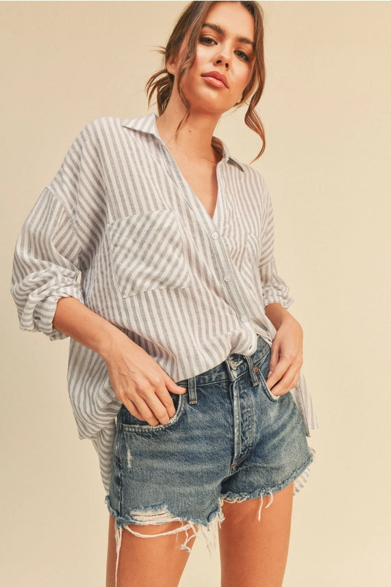 Miou Muse Grey Striped Button Down Shirt