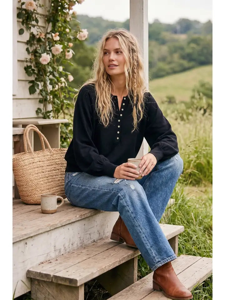 SS Black Henley Bolloon Sleeve Top