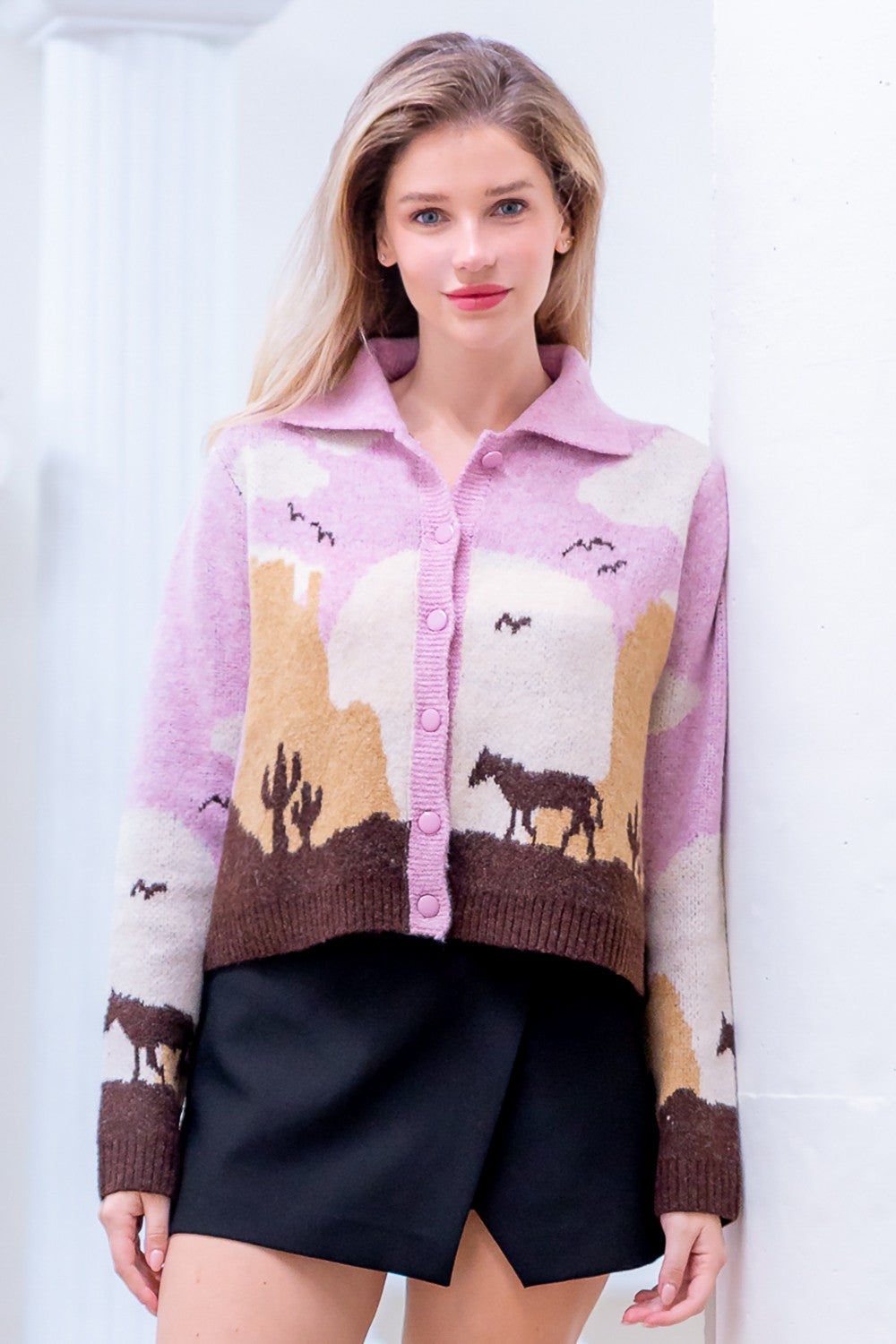 Taelynn Knit Horse Cardigan Pink/Taupe