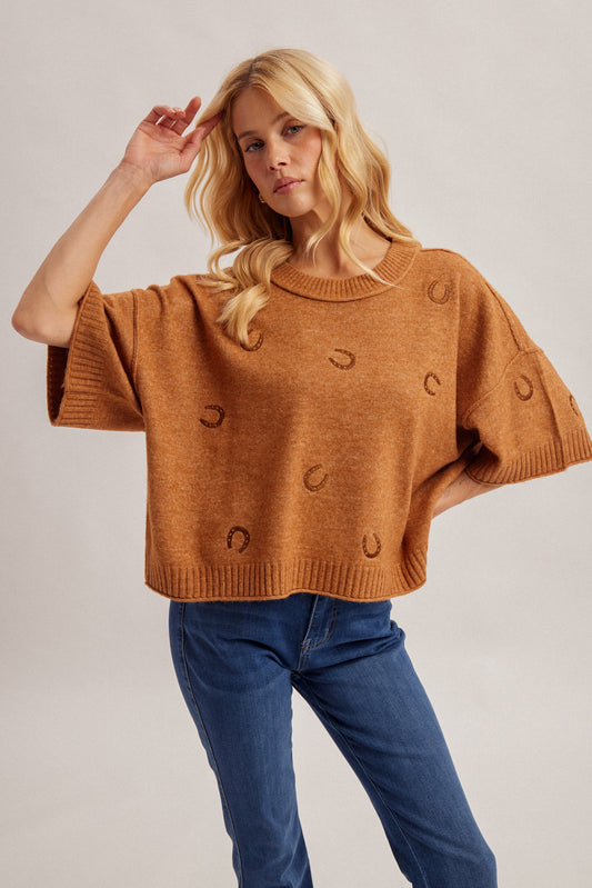 H&T Horse Shoe Sweater Cinnamon - Petticoat Junction