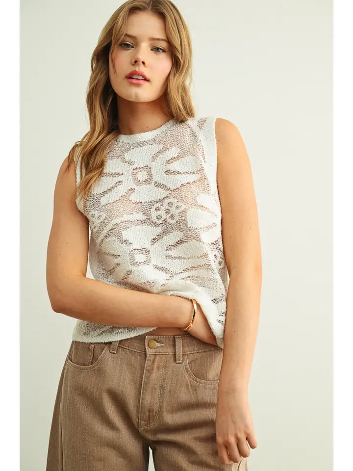 Miou Muse Ivory Floral Knit Top