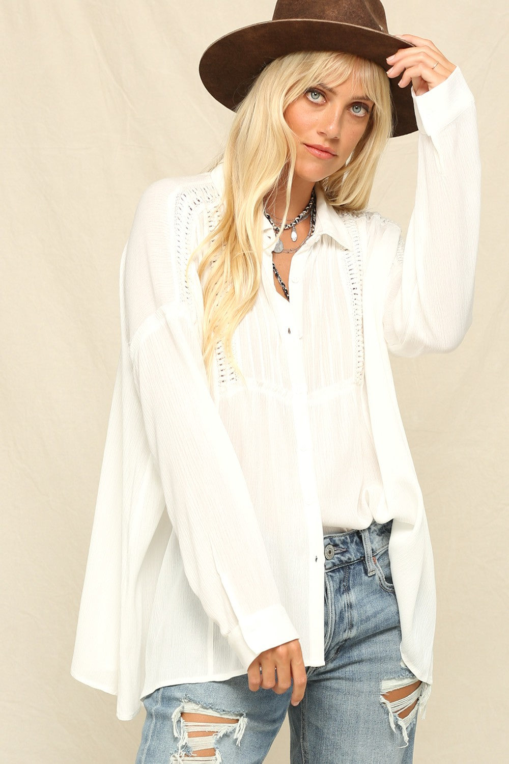 ST Lace Trim Front Button Top White