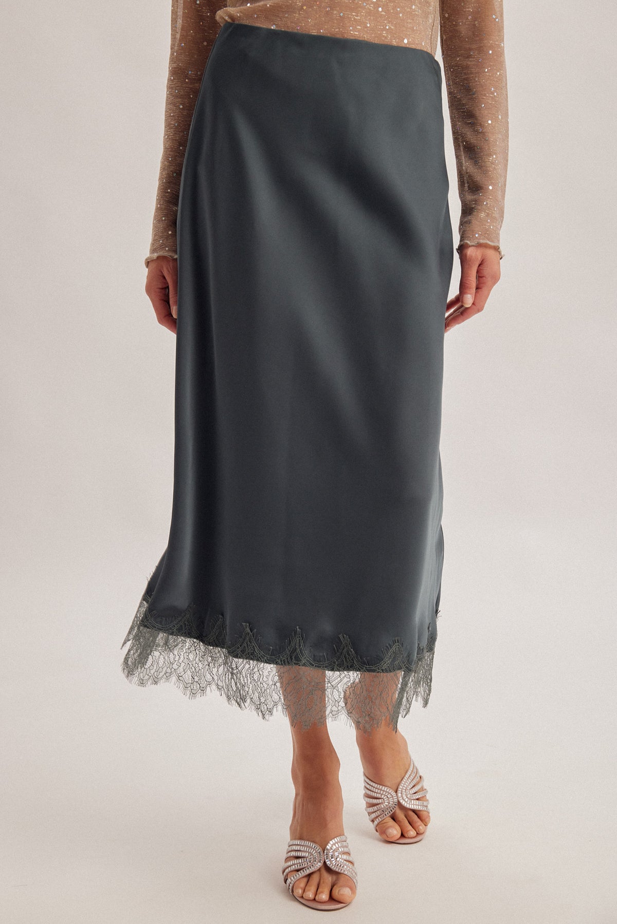 H&T Lace Satin Midi Skirt