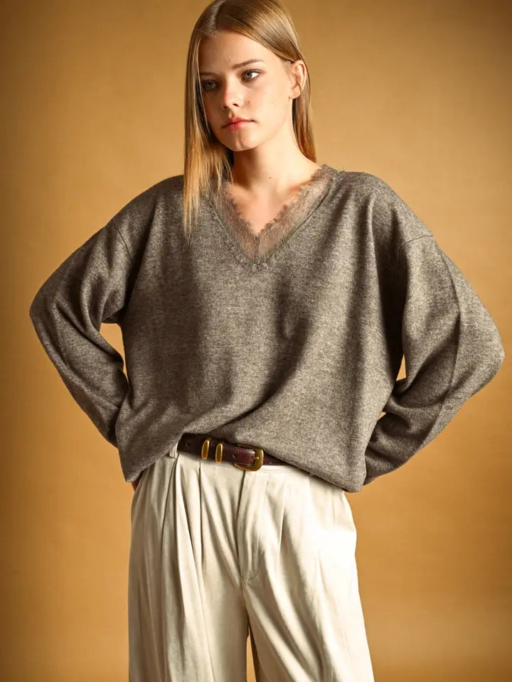Miou Muse Mocha Lace Knit Top